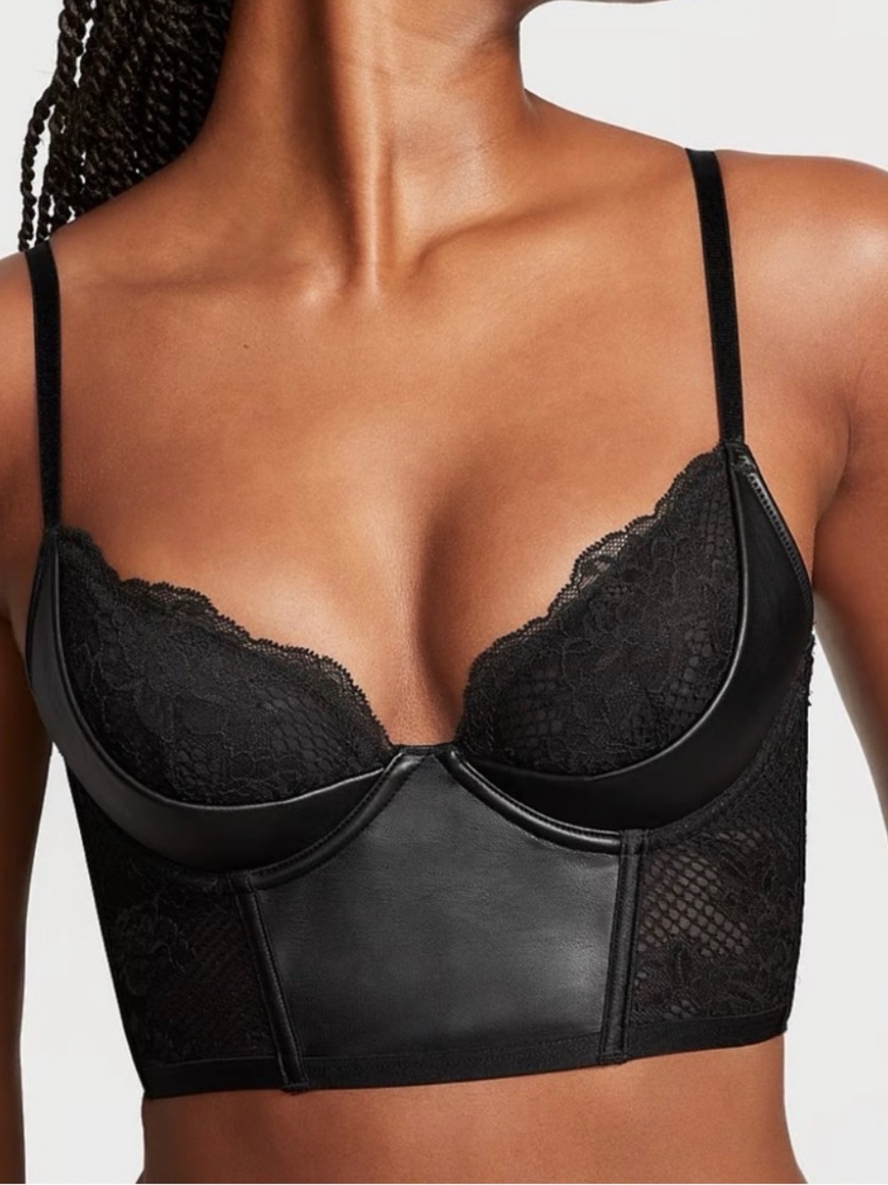 Victoria's Secret Black Lace & Faux Leather Longline Bra